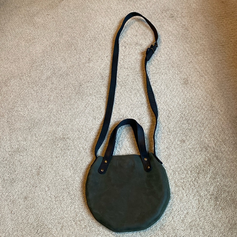 Adorable dark GREEN leather bag with adjustable black leather & canvas strap